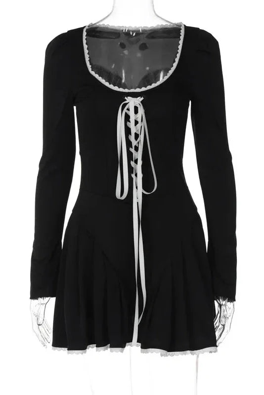 Lace Bandage Square Collar Puff Sleeve Mini Dress