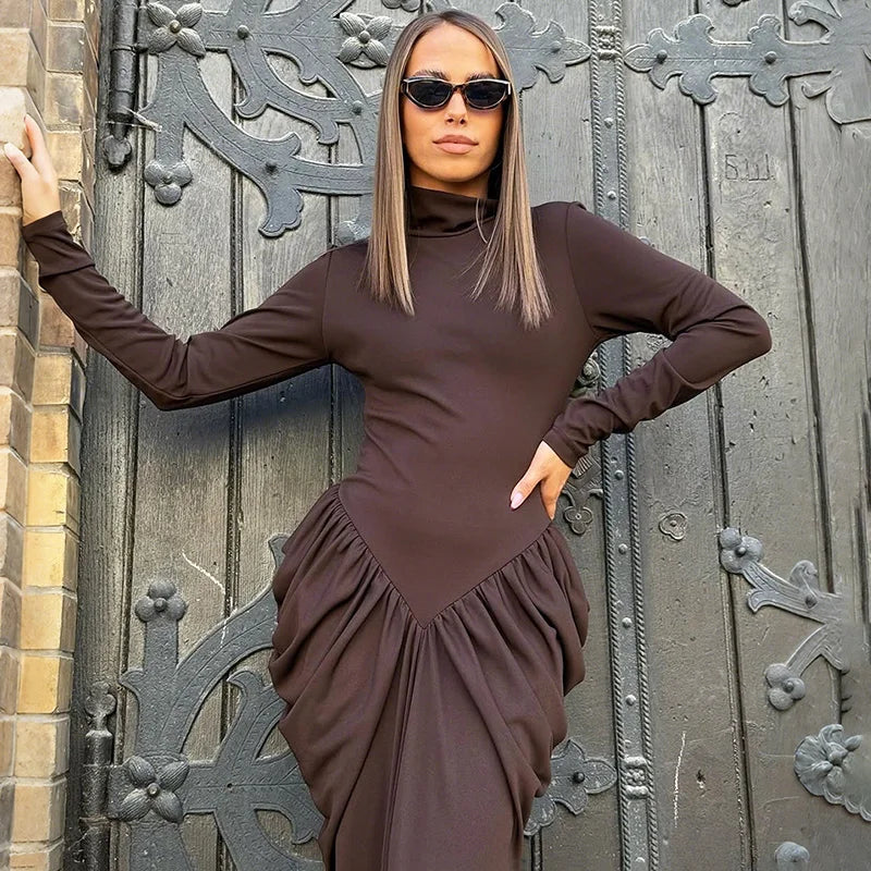 Elegant High Neck High Waist Long Sleeve Maxi Dress