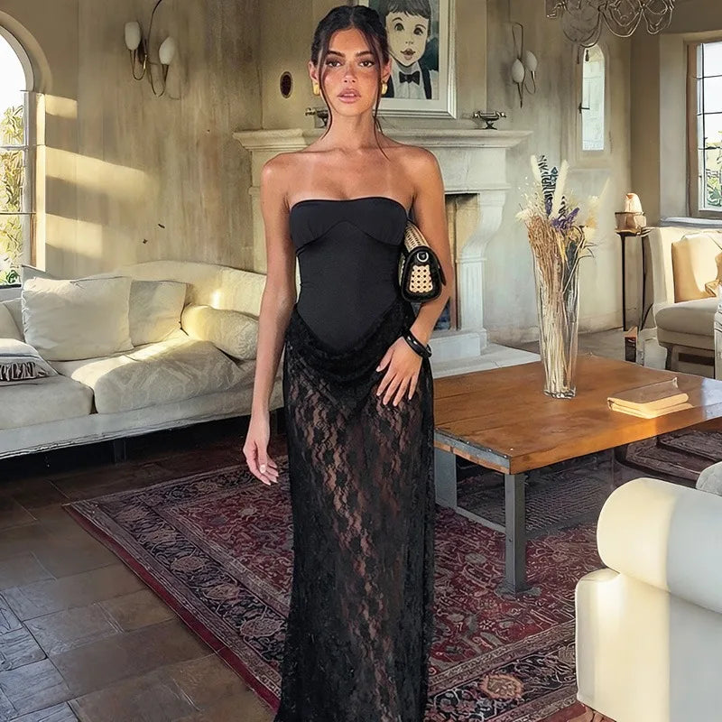 Strapless Backless See Through Patchwork Maxi Dress