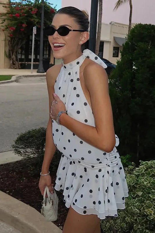 Polka Dot Print Tie Backless A-Line Slim Mini Dress