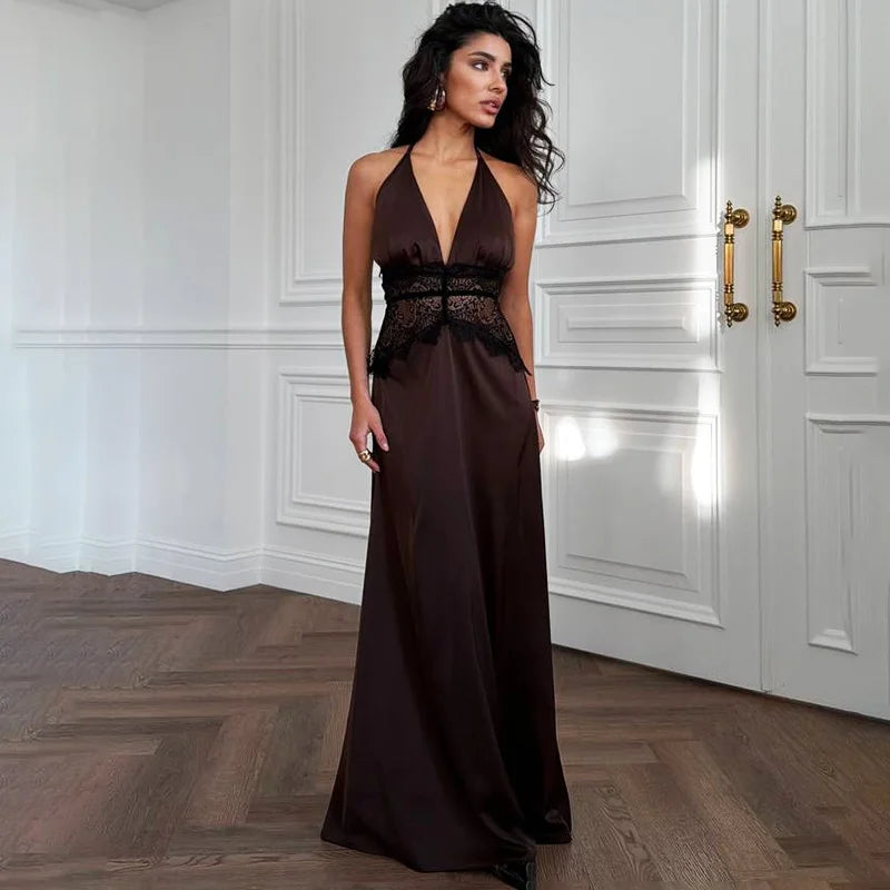Lace Patchwork Halter Neck Hollow Out Maxi Dress