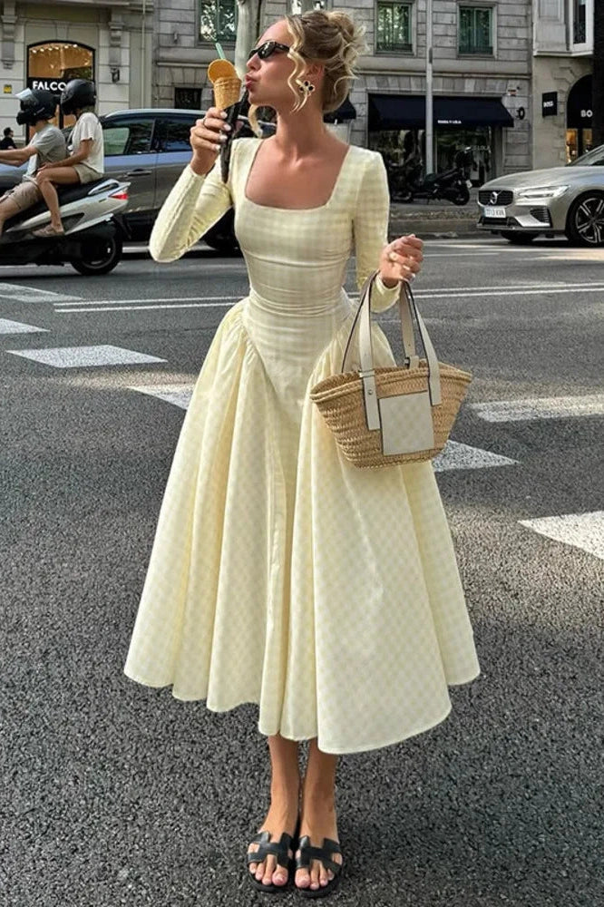 Plaid Long Sleeve Pleated Square Collar High Waist A-line Midi Dress