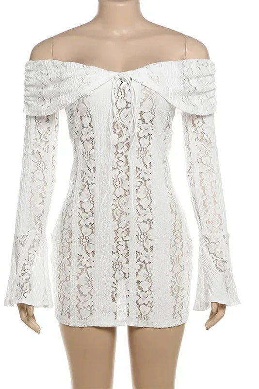 Lace Hollow Out Slim Off-Shoulder Long Sleeve Bodycon Mini Dress