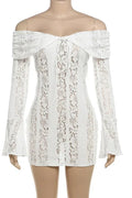Lace Hollow Out Slim Off-Shoulder Long Sleeve Bodycon Mini Dress