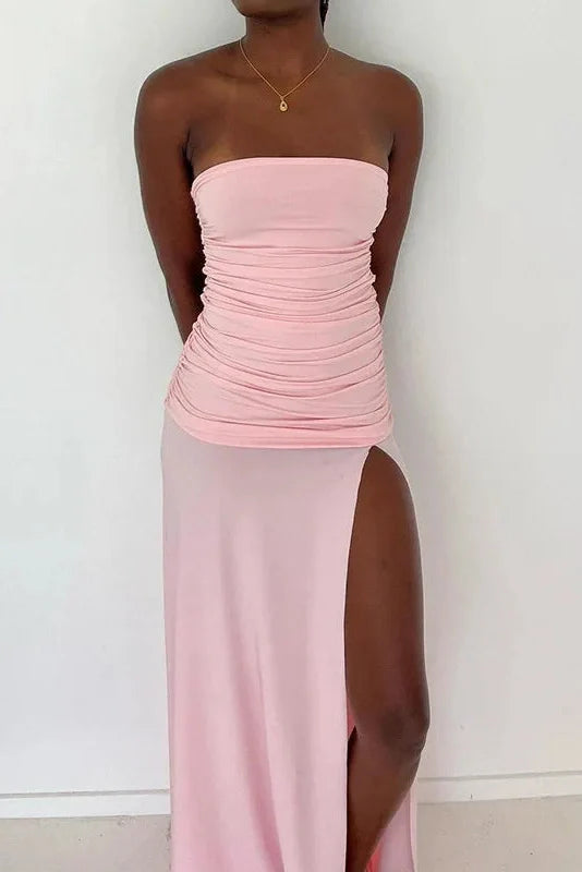 Elegant Pleated Strapless Slit Maxi Dress