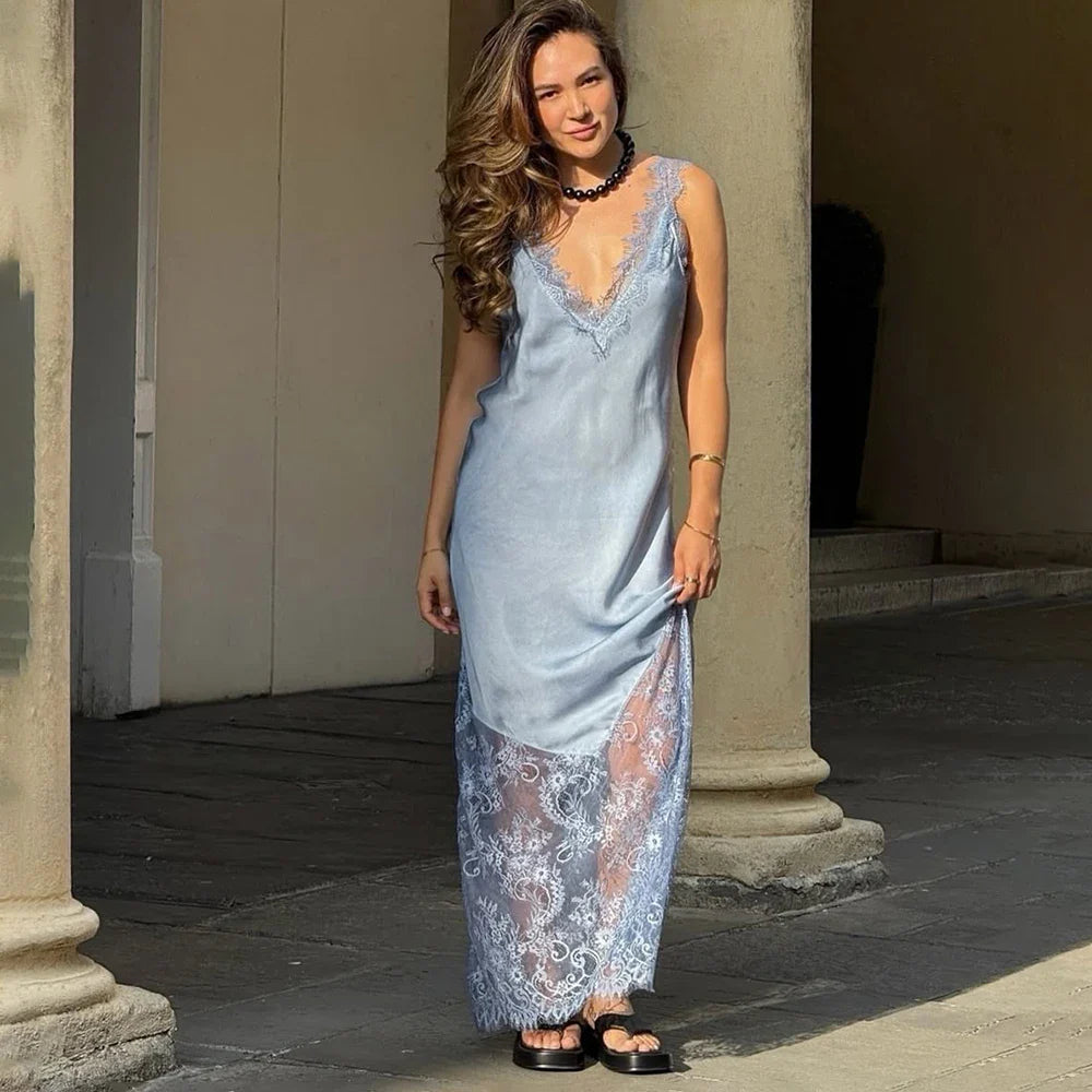 Lace Patchwork V Neck See Through Sleeveless Maxi Dress