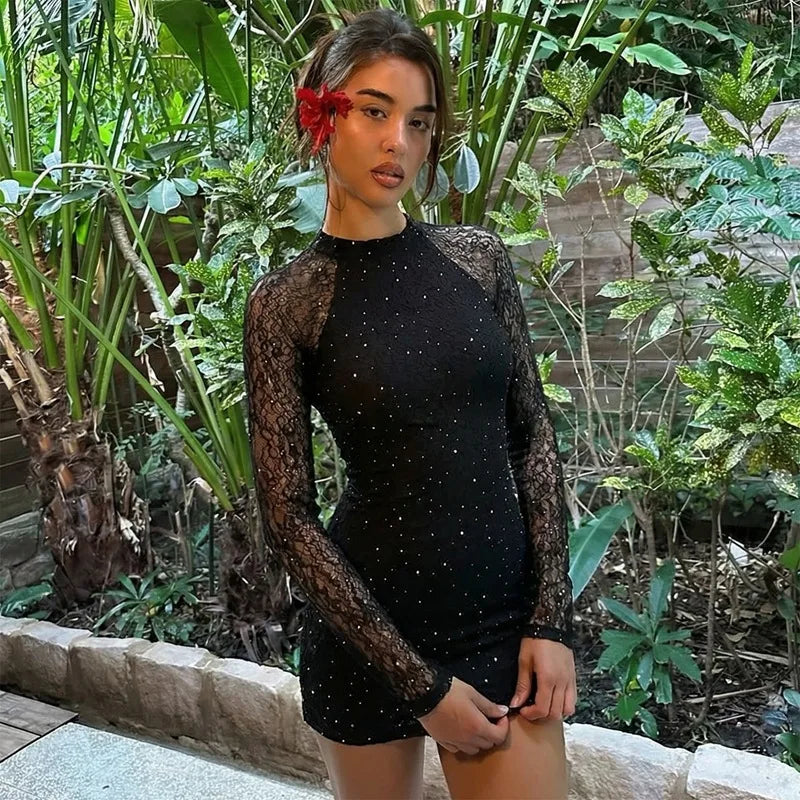 Lace See Through Long Sleeve Mini Dress