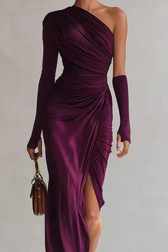 Elegant One-Shoulder High Waist Pleated Slim Slash Collar Maxi Dress