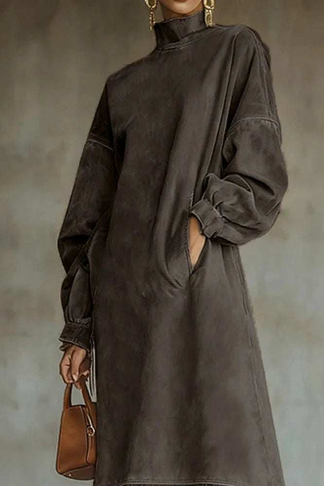 Elegant High Collar Loose A-Line High Waist Pocket Midi Dress