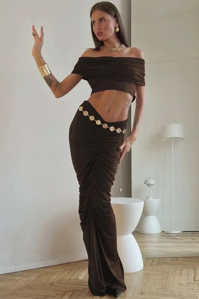 Two Pieces Off-Shoulder Slim Fit Crop Top Maxi Dress