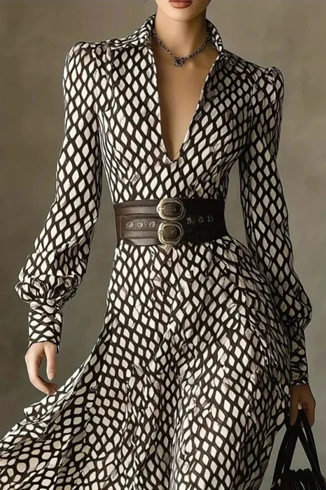 Elegant Pleated High Waist Printed Long Sleeve Midi Dress