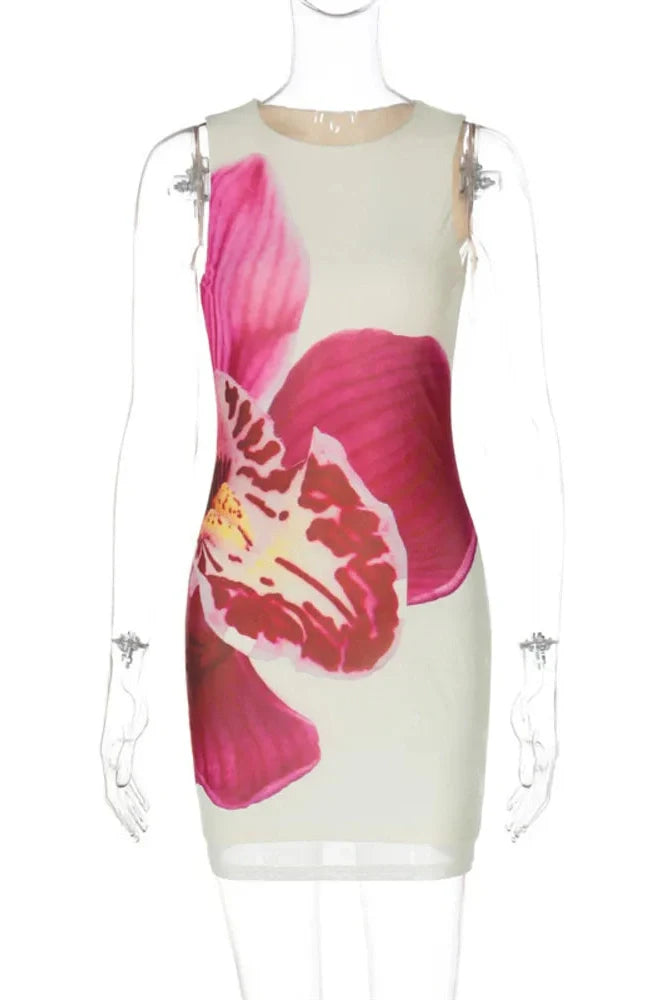 Floral Print O Neck Sleeveless Slim Bodycon Mini Dress