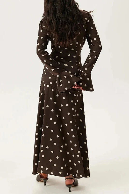 Long Sleeve V-Neck Printed Pleated Maxi Dress
