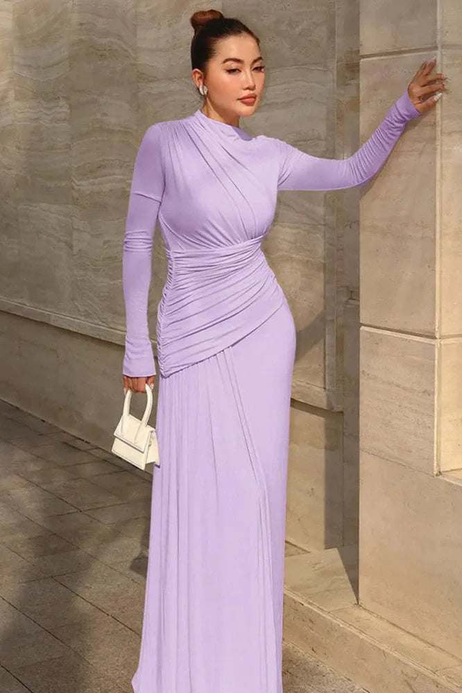 Slim Long Sleeve O Neck Patchwork Pleated Irregular Maxi Dress