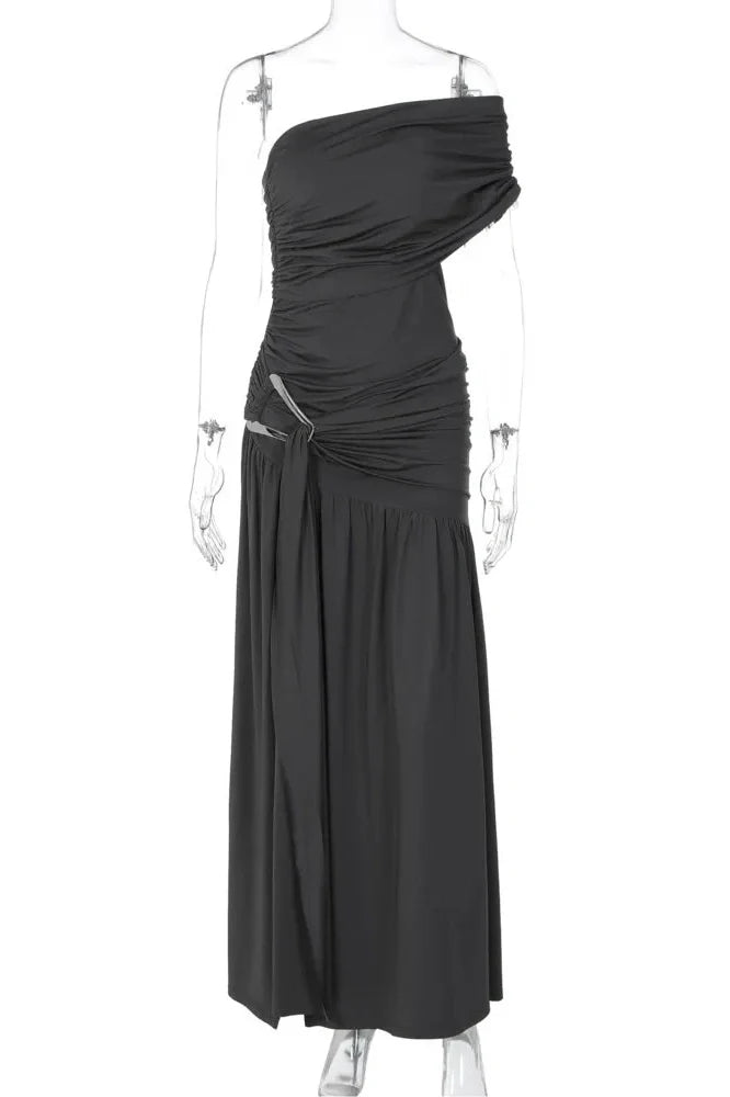 Off-Shoulder Backless One Sleeve Split Pleated Maxi Dress