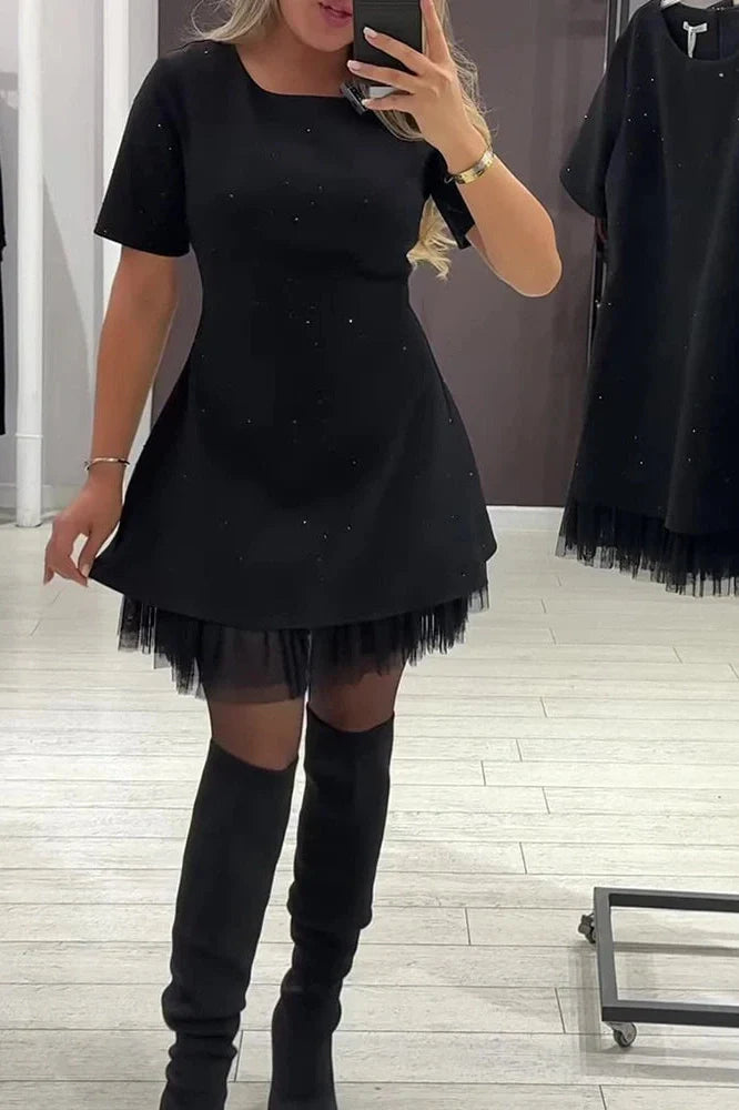 Elegant O-Neck High Waist A-Line Short Sleeve Pleat Mini Dress
