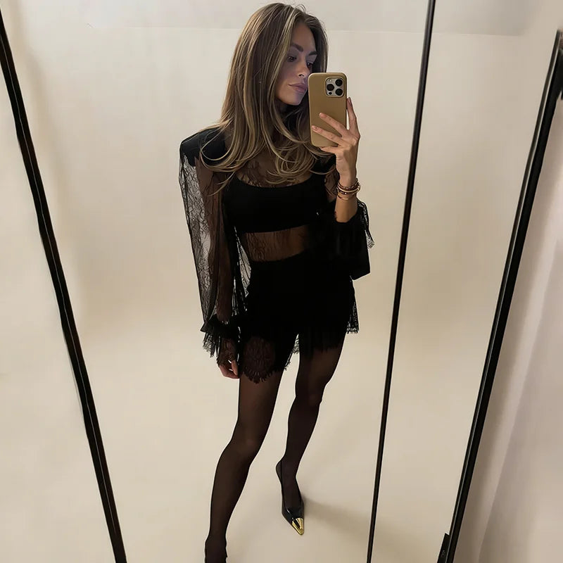 Lace See Through Long Sleeve Loose Mini Dress