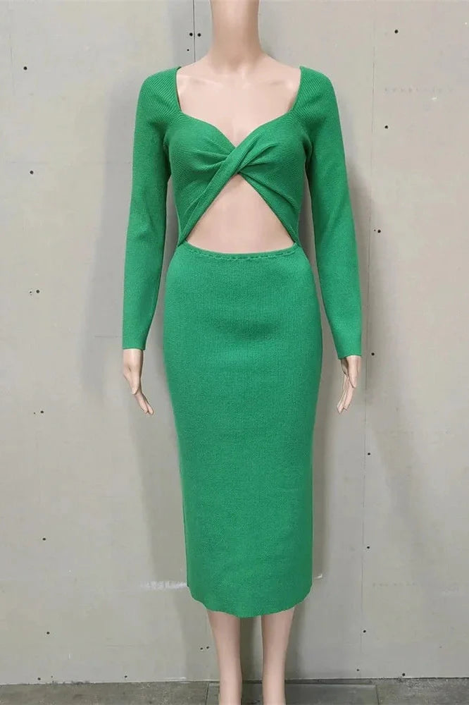 Hollow Out Long Sleeve Patchwork Slim Midi Dress
