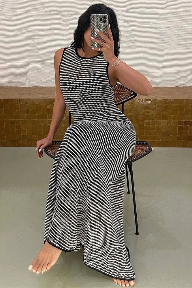 Hollow Out Striped Sleeveless Slim High Waist Maxi Dress