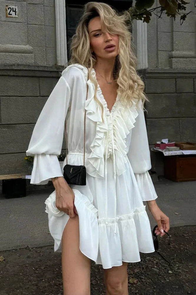 V-Neck Patchwork Long Sleeve High Waist Lace-Up Mini Dress