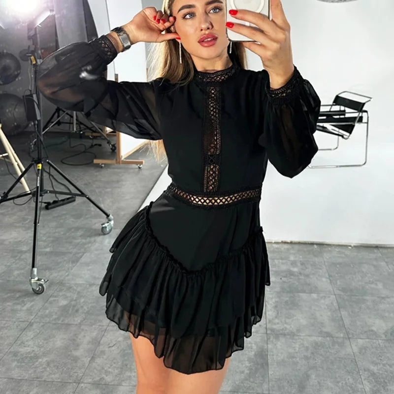 Hollow Out See Through Patchwork High Waist Mini Dress
