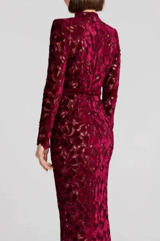 Hollow Out Lace Embroidery Long Sleeve High Waist Midi Dress