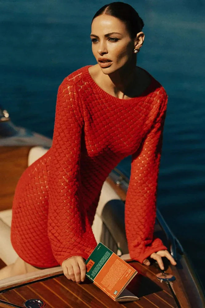 Backless Long Sleeve Knit See Through Mini Dress