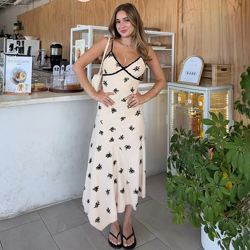 Lace Printed V Neck Spaghetti Strap Slim Midi Dress