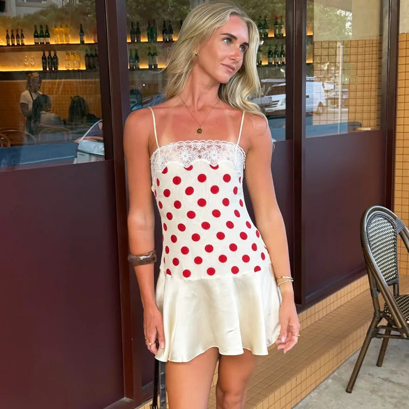 Lace Polka Dot Patchwork Backless Mini Dress