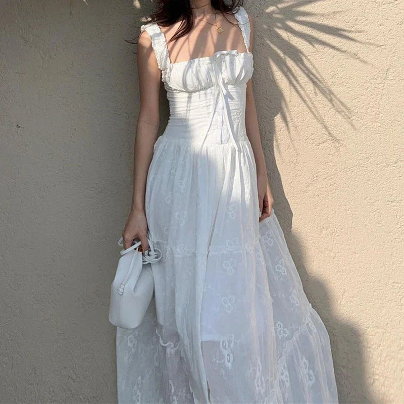 Lace Up Square Collar High Waisted Maxi Dress