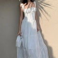 Lace Up Square Collar High Waisted Maxi Dress