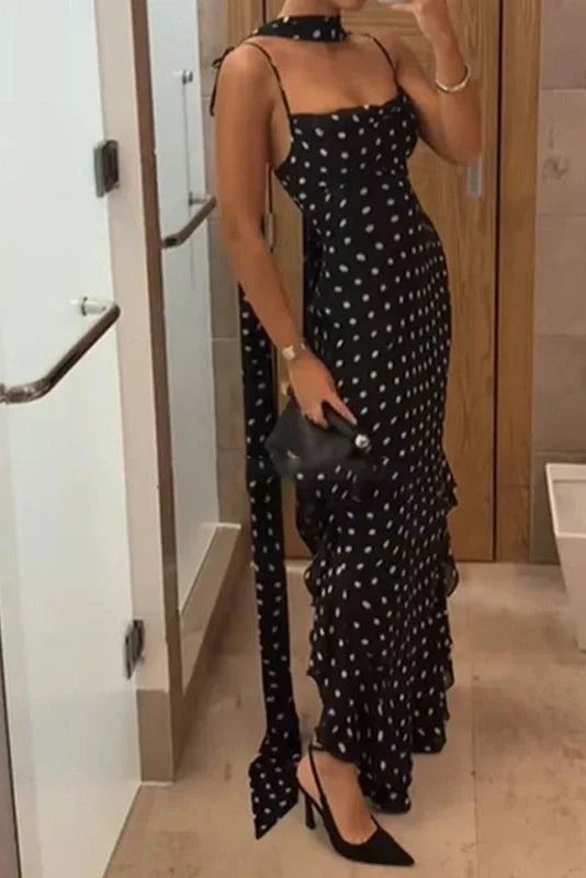 Elegant Polka Dot Scarf Fit Backless Sleeveless Maxi Dress