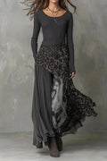 Pleated Knitted O-Neck Printed Long Sleeve High Waist Maxi Dress
