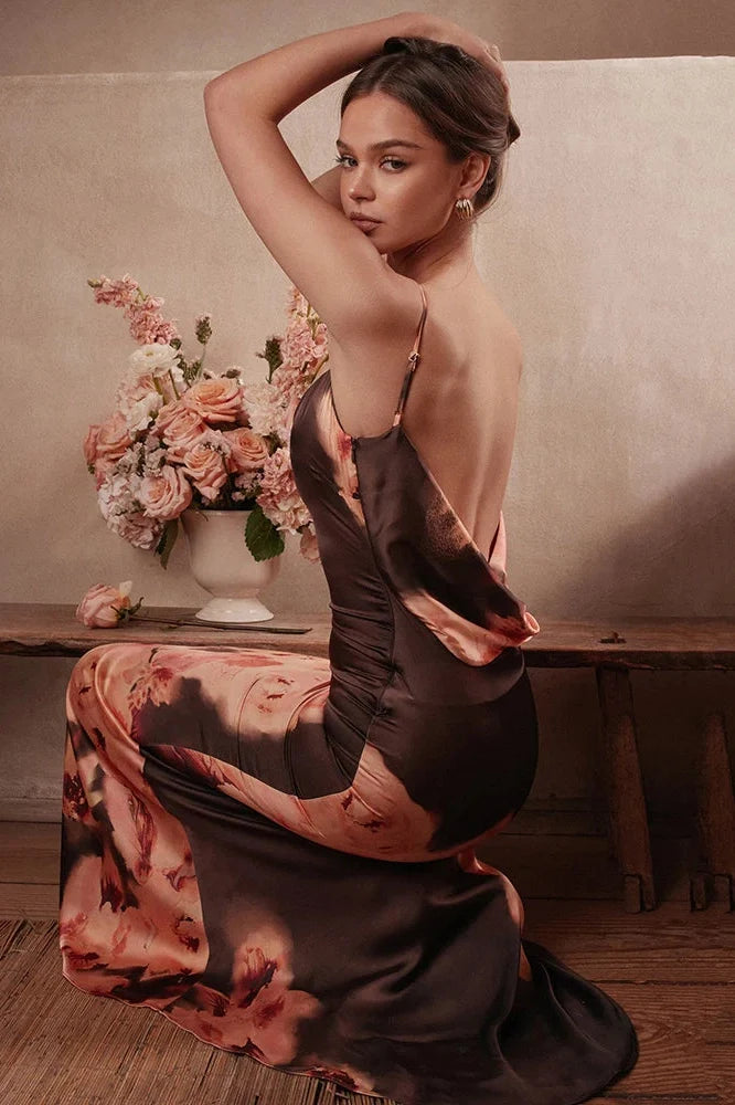 Printed Spaghetti Strap Sleeveless Backless Bodycon Maxi Dress