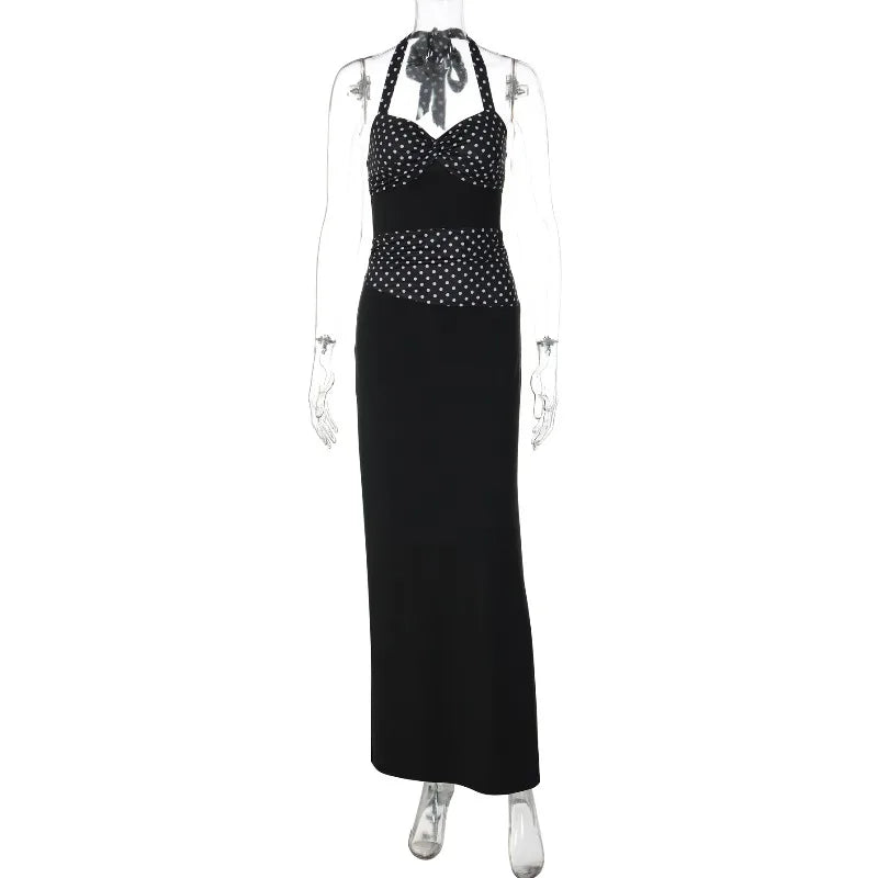 Polka Printed Lace-Up V-Neck Patchwork Maxi Dress