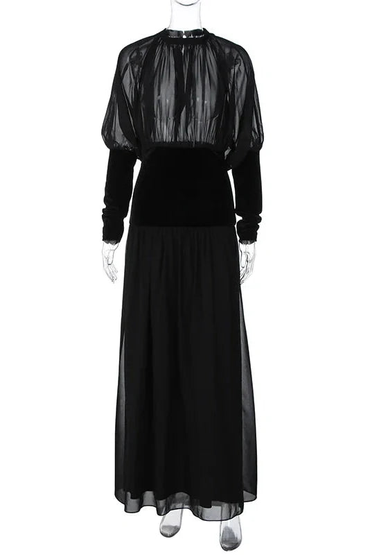 Elegant Round Neck Long Sleeve High Waist Slim Maxi Dress
