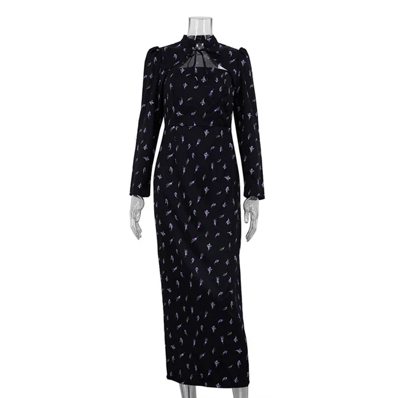 Printed Long Sleeve Lace Up Slit Maxi Dress