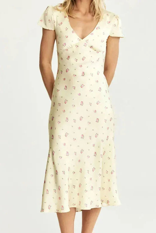 V-Neck Printed High Waist Slim Midi Dress