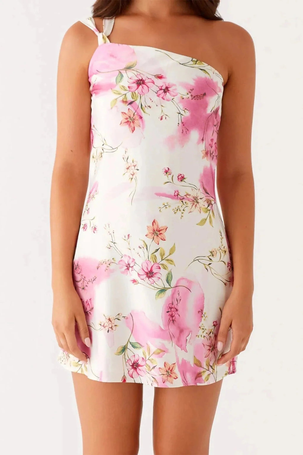 Sleeveless One Shoulder Printed Mini Dress