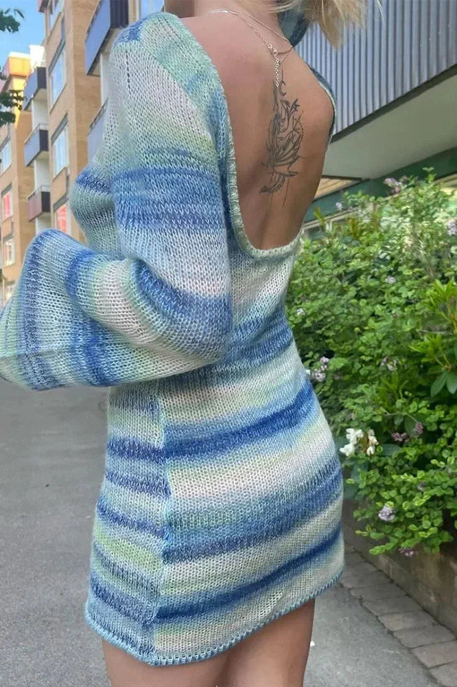 Striped Printed Knit Long Sleeve Loose Backless Mini Dress