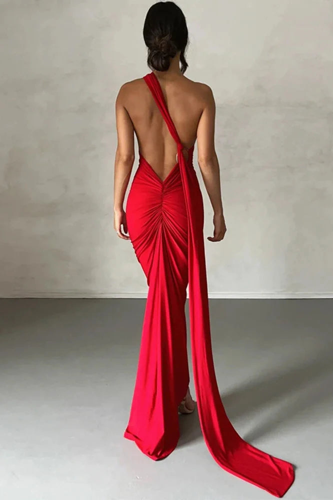 Oblique Shoulder Sleeveless Backless Maxi Dress