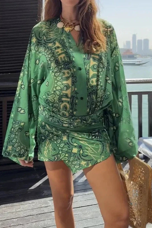Long Sleeve Loose V-Neck Printed Pleated Mini Dress