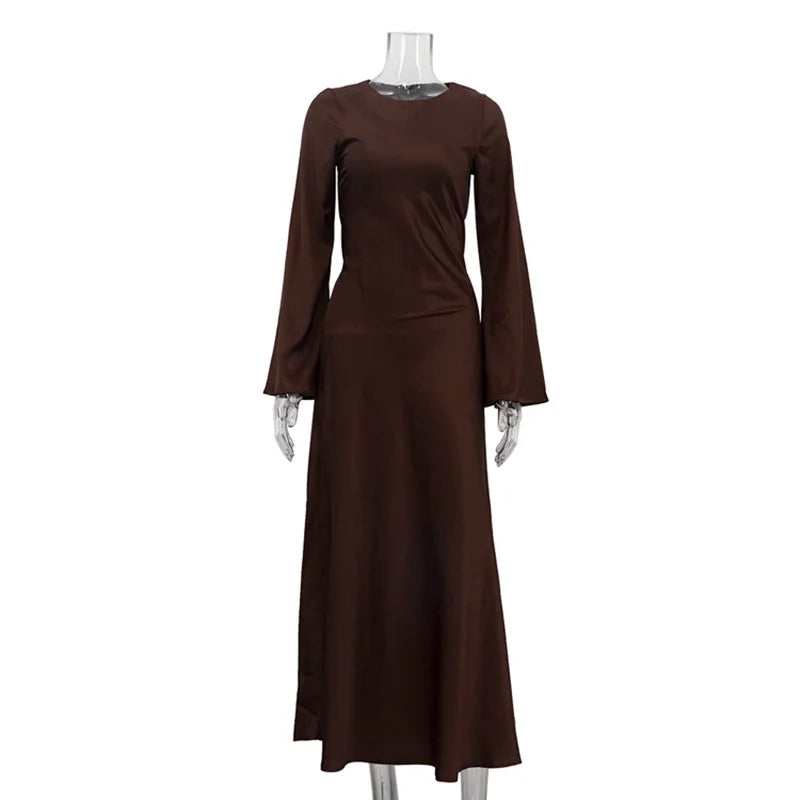 O-Neck Lace Up Long Sleeve Maxi Dress