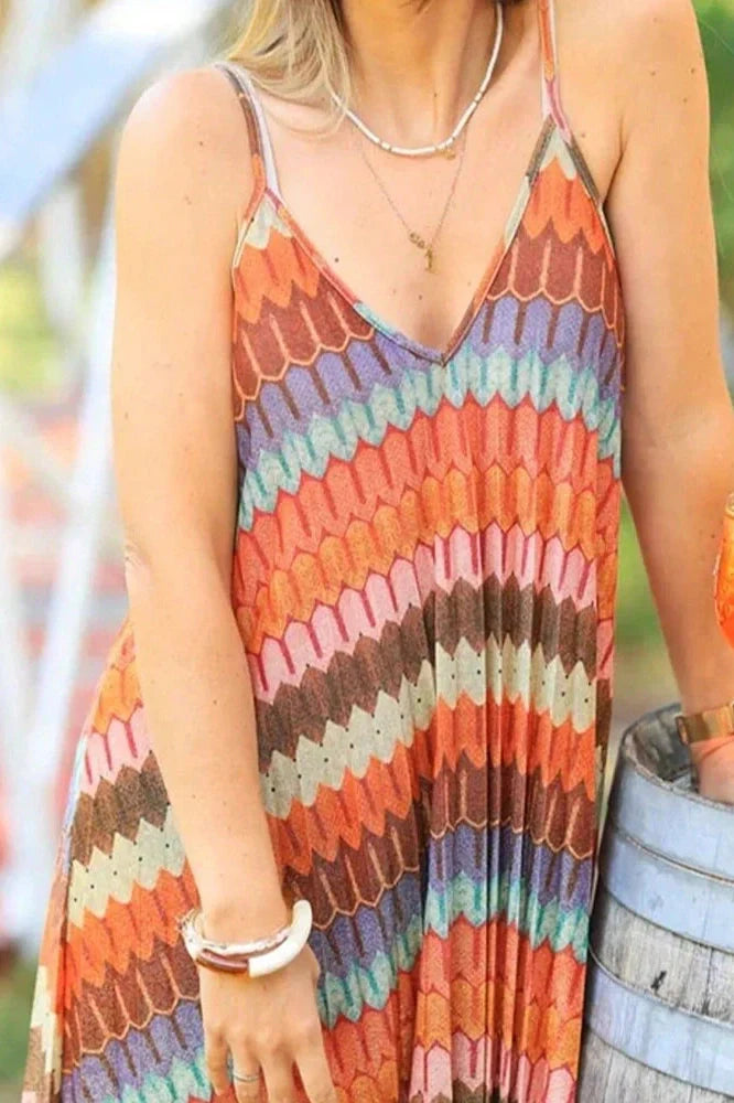 Pleated Printed Sleeveless Loose Backless High Waist Maxi Dress