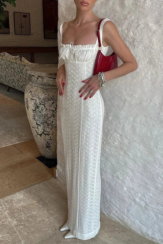 Hollow Out Lace Sleeveless Slim High Waist Pleated Maxi Dress