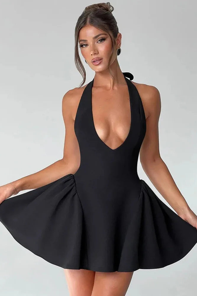 Deep V Neck Sleeveless Backless High Waist A-line Mini Dress