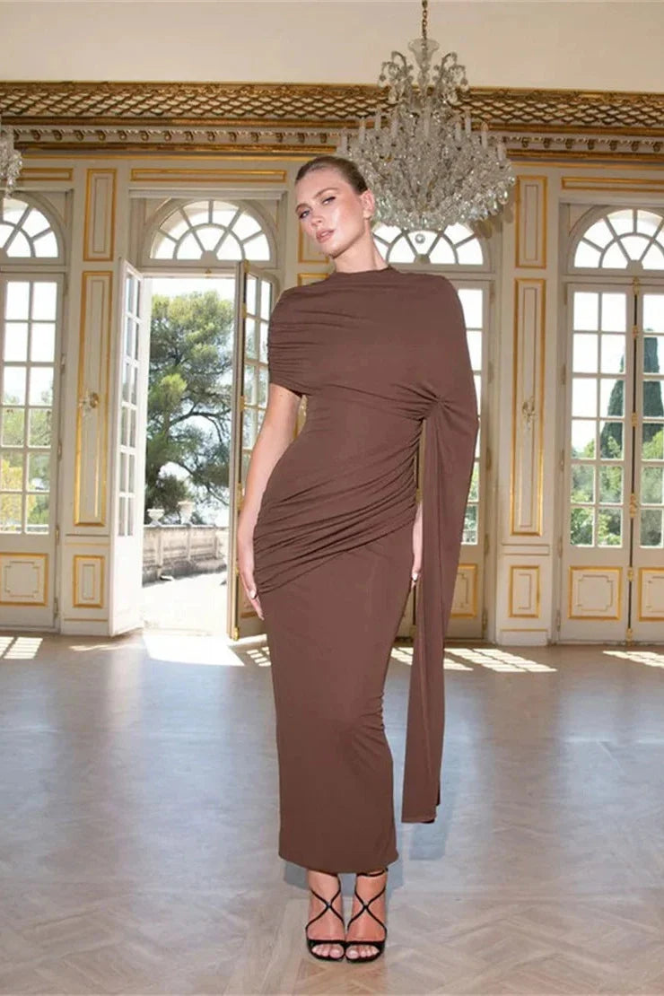 Elegant High Collar Short Sleeve High Waist Maxi Dress