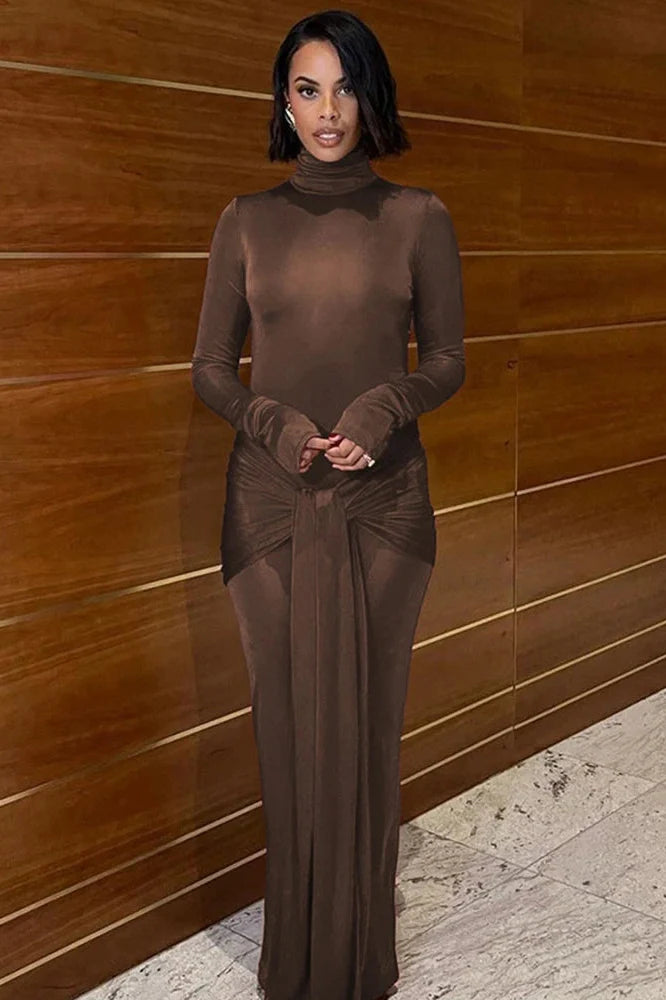 Elegant Turtleneck Long Sleeve Bodycon Maxi Dress