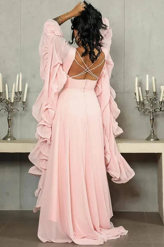 O-Neck High Waist Backless Lace Up Long Sleeve Maxi Dress
