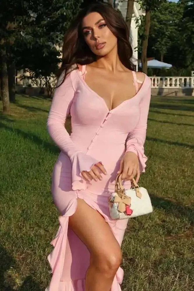 Long Sleeve V Neck Single-Breasted High Waist Maxi Dress